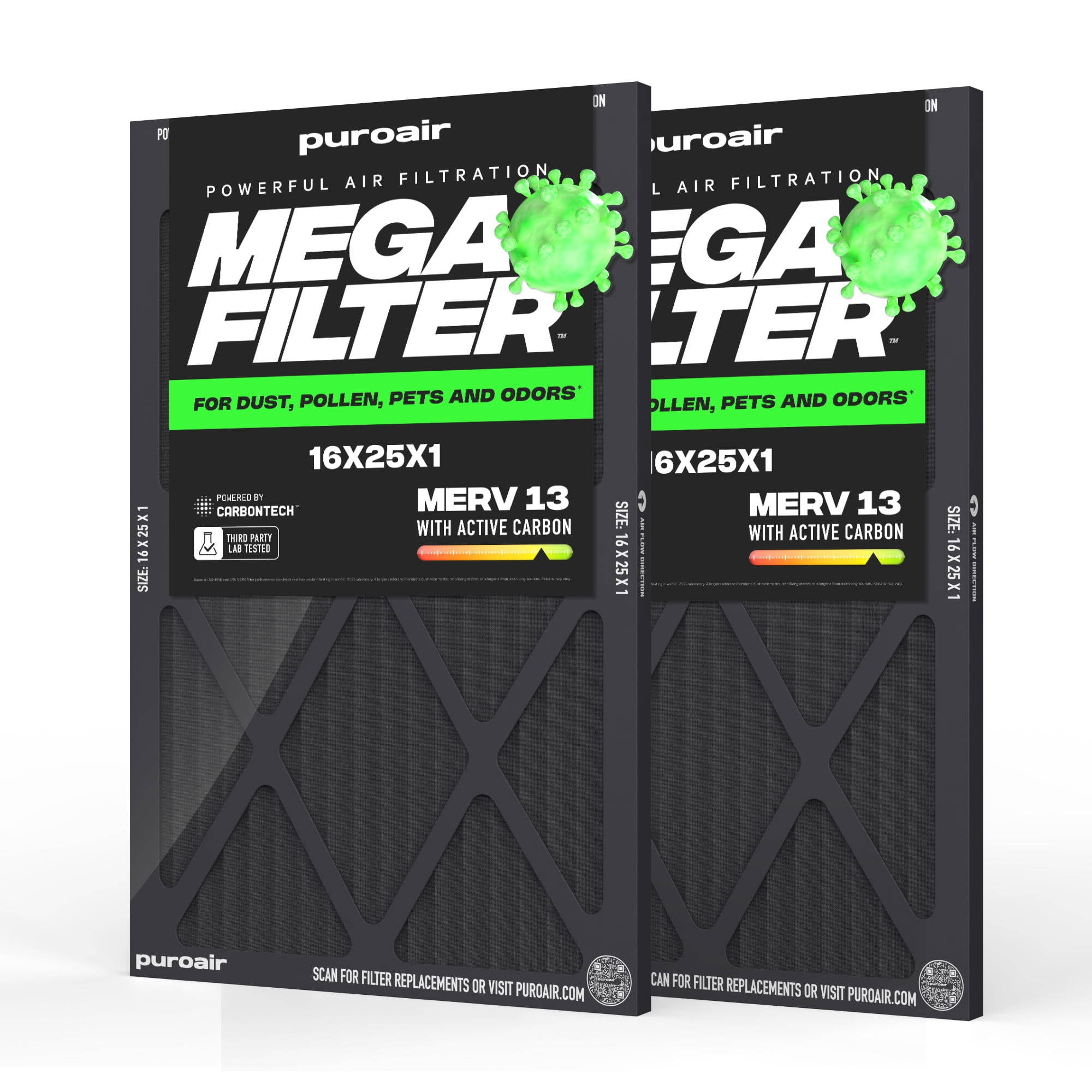 PuroAir Mega Filter - MERV 13 16x25x1 Air Filters for Home (2 pack ...