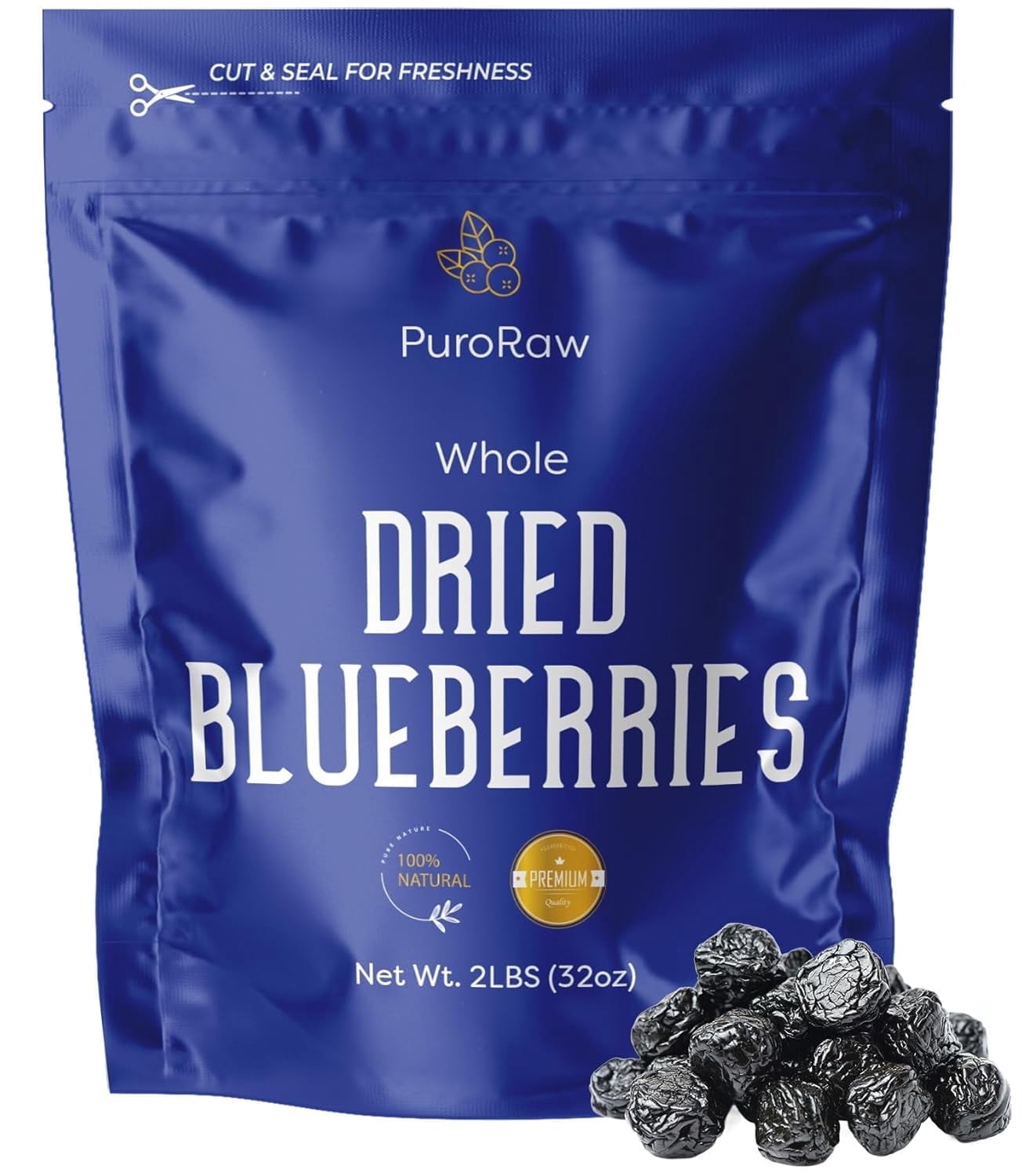 PuroRaw Dried Blueberries No Sugar Added, 2 lbs | Whole Dehydrated Blueberries, All Natural, Non-GMO, Bulk Fruit Snack & Baking Ingredient