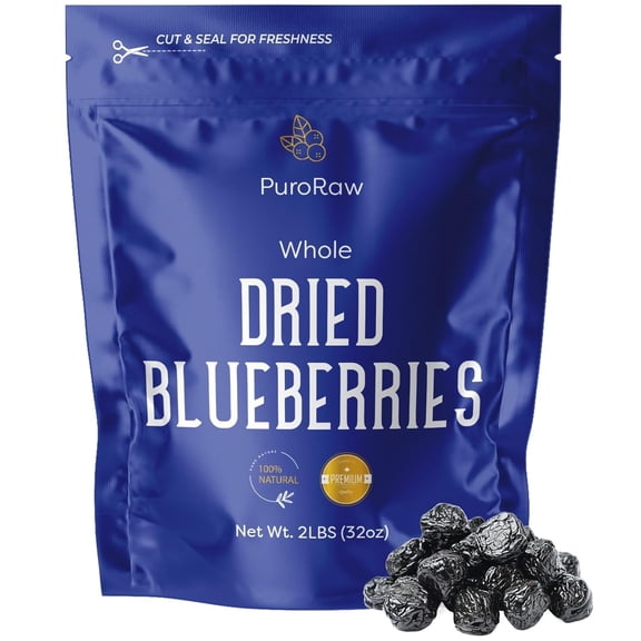 PuroRaw Dried Blueberries No Sugar Added, 2 lbs | Whole Dehydrated Blueberries, All Natural, Non-GMO, Bulk Fruit Snack & Baking Ingredient
