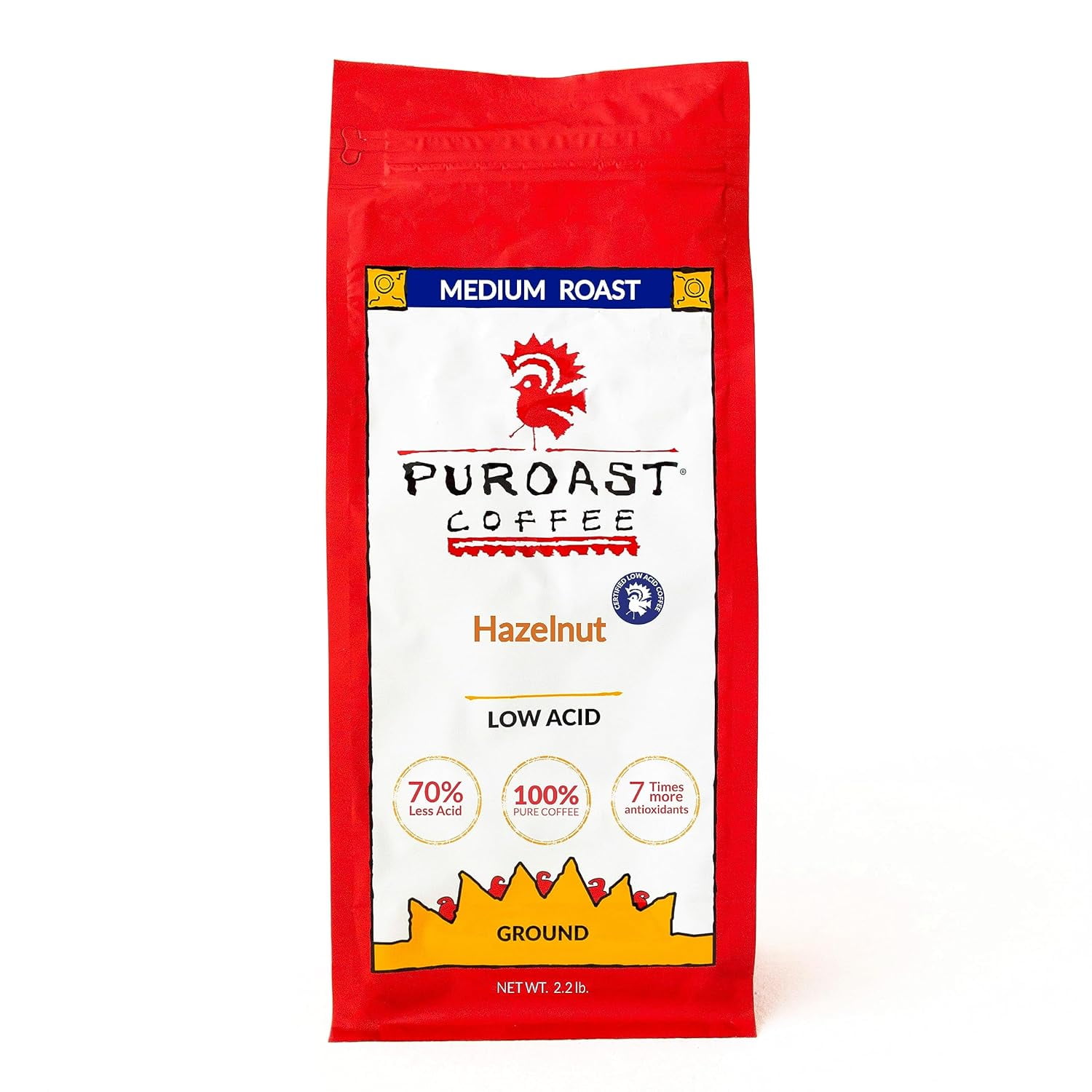 Puroast Low Acid Coffee Ground Hazelnut, Medium Roast, Certified Low