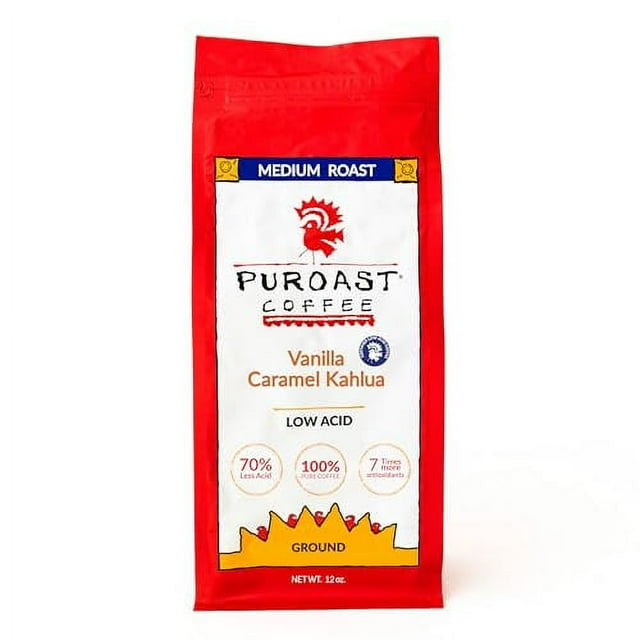 Puroast Low Acid Coffee Ground Vanilla Caramel Kahlua, Medium Roast, Certified Low Acid Coffee, pH 5.5+, Gut Health, 12 oz., Higher Antioxidant, Smooth for Espresso, Iced Coffee, Flavored Coffee