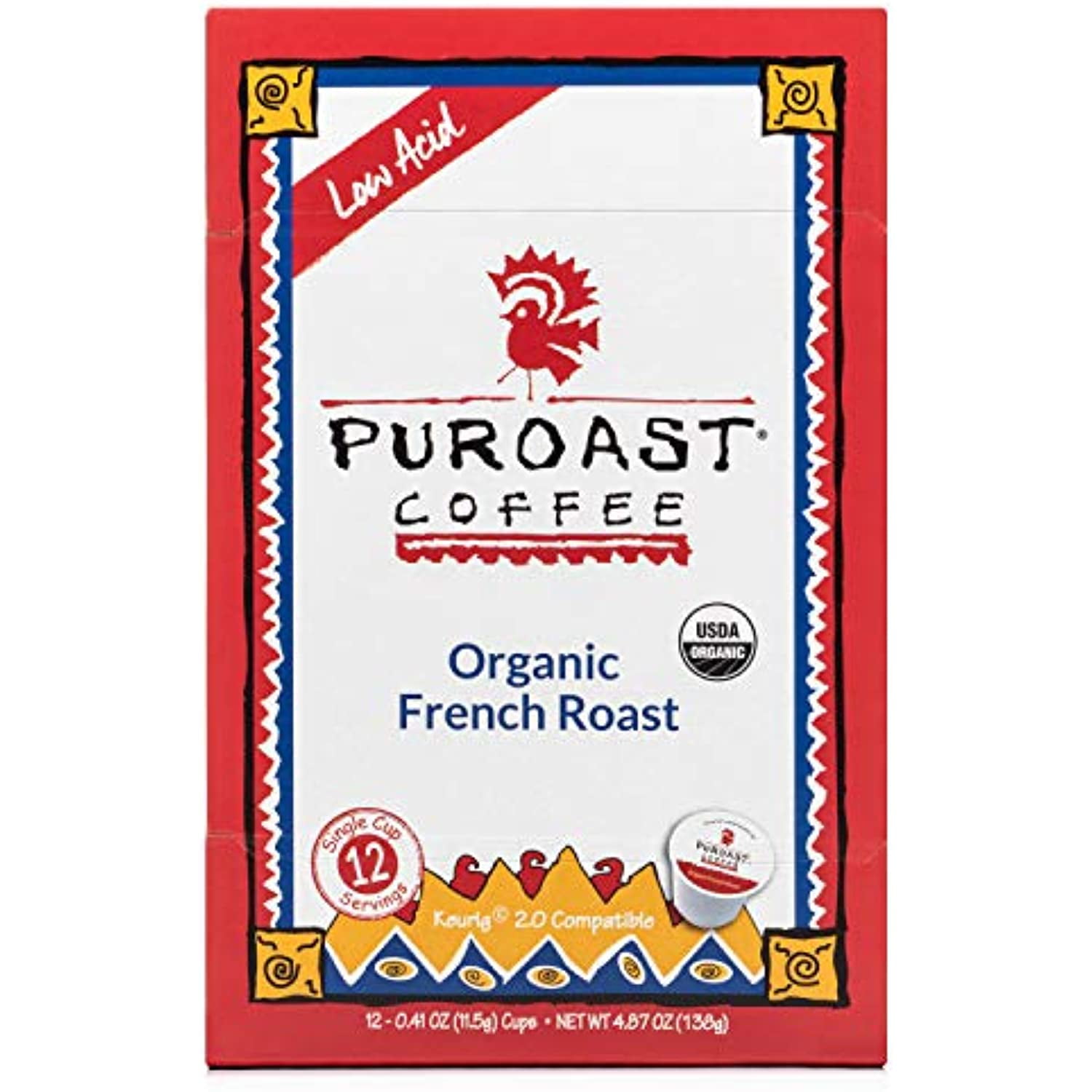 Puroast Low Acid Coffee SingleServe Pods, Organic French Roast, High