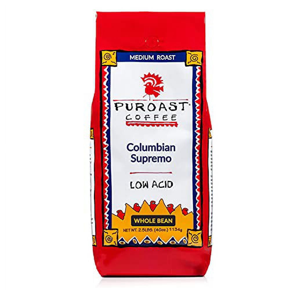 Puroast Low Acid High Antioxidant Colombian Supremo Whole Bean Coffee, 2.2 Bag