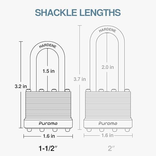 Puroma Lock 1 Pack Padlocks, 1-1/2 Long Shackle Heavy-Duty Locks with 2 Keys, 40mm Hardened Steel Keyed Alike Padlocks for Sheds, Gates, Fences, Toolbox, Outdoor and Indoor UseSilver