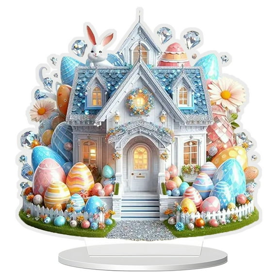Purowzwe Colorful House Easter Ornament, Bright Bunny Cottage Acrylic Decor, 7.8 Inch Vibrant Easter Eggs Decoration for Table Centerpiece & Gifts