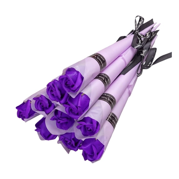 Purple 10Pcs Artificial Rose Bouquet, Valentine'S Day Gift, Soap Rose Flower With Plastic Material, Ribbon Wrapped, Long Lasting For Home Decor, Table Centerpiece, Gift Giving, 11.02In Hei