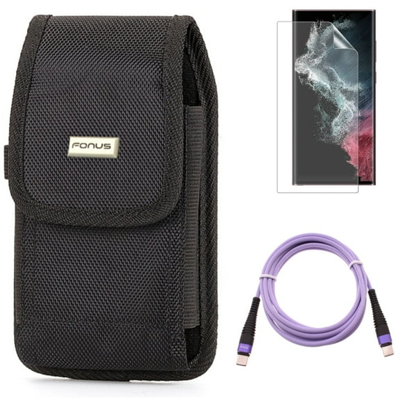 Purple 10ft PD Cable & Case Belt Clip & Matte Screen Protector for Samsung Galaxy S22 Ultra (6.8") - Combo Type-C to USB-C Fast Charger Cord Extra Long & Rugged Holster Canvas & TPU Film Anti-Glare