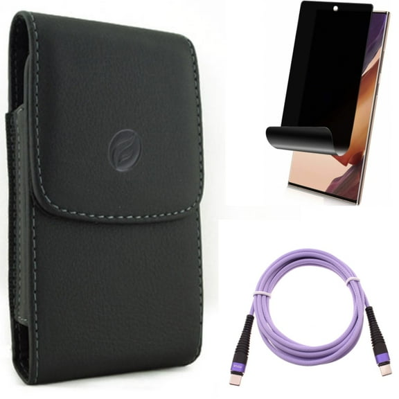 Purple 10ft PD Cable & Case Belt Clip & Privacy Screen Protector for Samsung Galaxy Note 20 Ultra (6.9") - Combo with Type-C to USB-C Fast Charger Cord & Leather Holster & TPU Film Anti-Peep