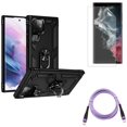 thumbnail image 1 of Purple 10ft PD Cable & Hybrid Case Cover & Matte Screen Protector for Samsung Galaxy S22 Ultra (6.8") - Combo Type-C to USB-C Fast Charger Cord Extra Long & Metal Ring Kickstand & TPU Film Anti-Glare, 1 of 21