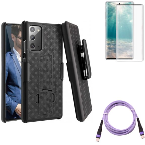 Purple 10ft PD Cable & Screen Protector & Case Belt Clip for Samsung Galaxy Note 20 (6.7") - Combo with Type-C to USB-C Fast Charger Cord & Tempered Glass (Fingerprint Unlock) & Holster Swivel