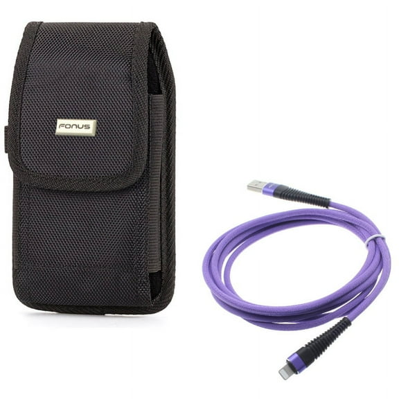 Purple 10ft USB Cable w Rugged Case Belt Clip for iPhone XS Max/8 PLUS/7 Plus/6S Plus/6 Plus - Charger Cord Power Wire Braided Long and Holster Canvas Cover Pouch Carry