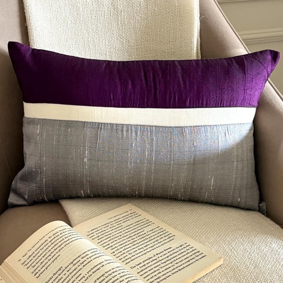 Purple 12"x14" (30x35 cm) Lumbar Pillow Cover, Silk Color Blocking & Patchwork Oblong Pillow, Modern Pattern Striped Style - Plush Purple Silk