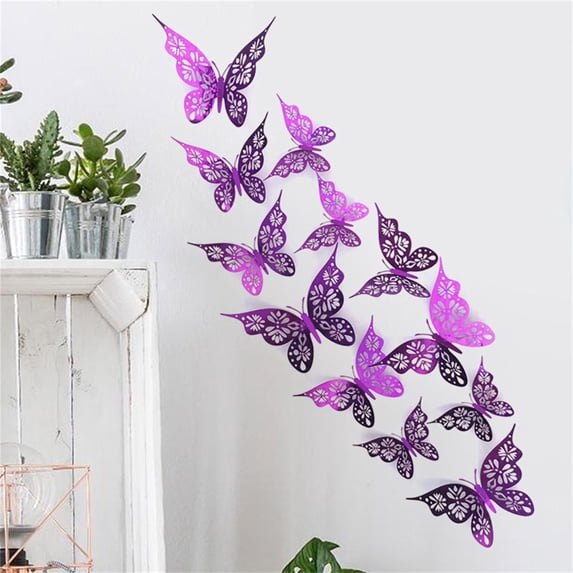 Purple 12PC 3D Hollow Butterfly Wall Décor Wall Art 3 Sizes Hollow Carving Exquisite Design Foldable Wings 3D Effect Easy To Use Reusable Party Cake Decorations For Home Party Decoration