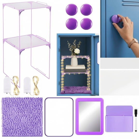 Purple 13-Piece Locker Organizer Set with Shelves, Mirror, and Storage Accessories