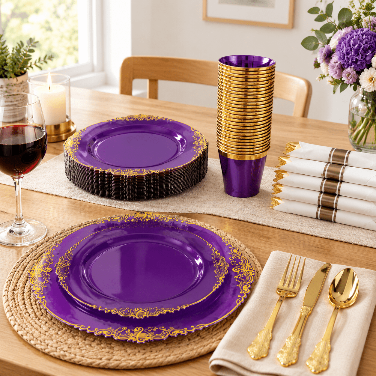 Purple 175Pcs(25Guests) Plastic Disposable Dinnerware Set for Parties ...