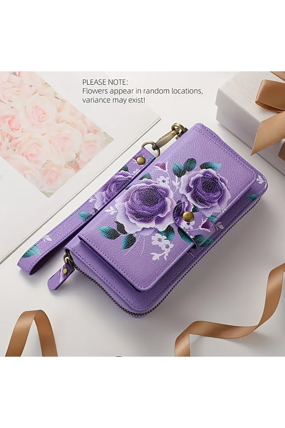 Purple 1pc Elegant Floral Wallet With Wristlet, Large Capacity Long Zipper Clutch, Multi-Card Slots Coin Purse, Women's Multi-functional Travel Wallet - Card Holder Wallet