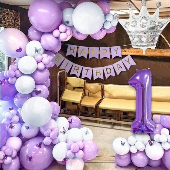 Purple 1st Birthday Decorations, Pastel Purple Balloons, HAPPY BIRTHDAY Banner, Number 1 Balloon, Metallic Purple Balloons Crown Balloon Heart Balloons
