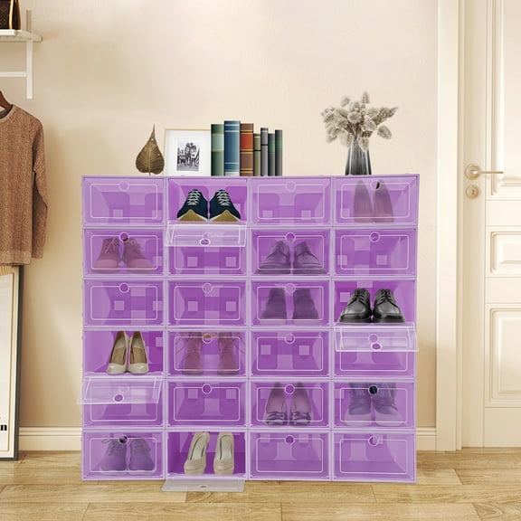 Purple 24 Pack Shoe Boxes, Shoe Storage Organizer in Homes, Cloakrooms, Shoe Stores for Storing Sneakers, Flats, Slippers, and Other Shoes