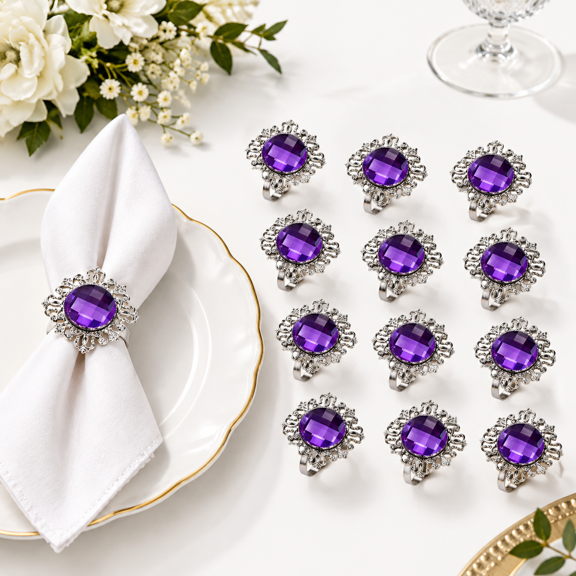Purple 24-Piece Metal Napkin Rings with Scrollwork Design for Dining and Holiday Decor