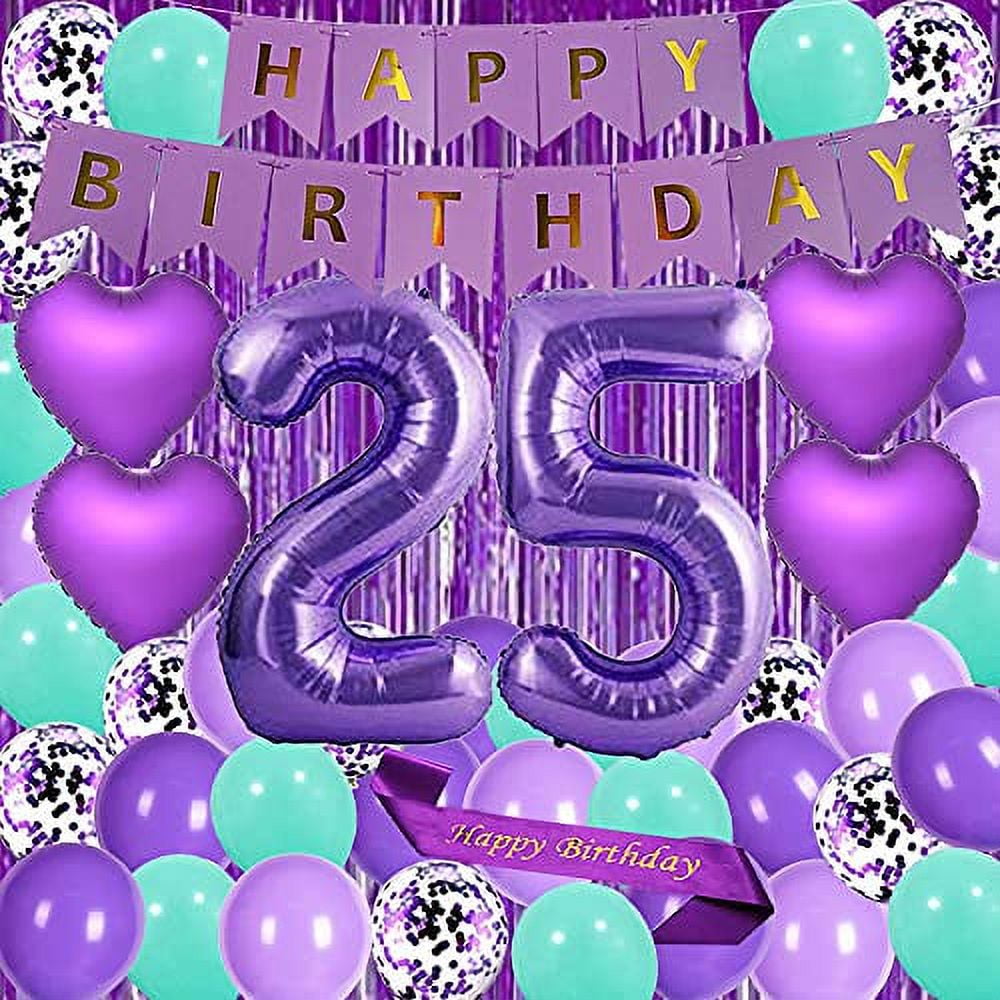 Purple 25TH birthday Party Decorations Supplies Purple theme Happy Birthday sash 40inch Foil Balloons Number 25 Heart Foil Balloons Purple Curtains Risehy