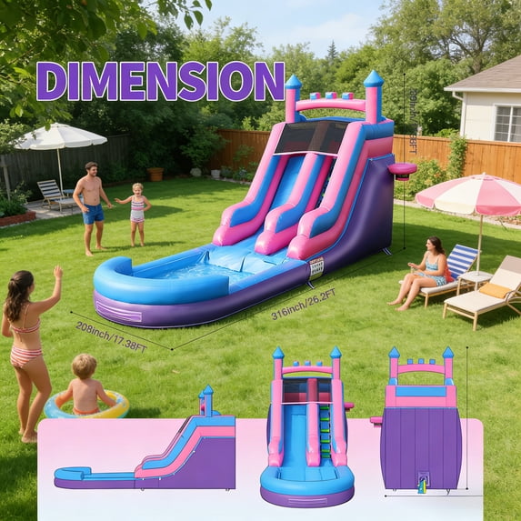 Chantmo 26ft Inflatable Water Slide for Adults 100% PVC with Big Splash Pool Widen Slide Shallow Pool 950w Air Blower for Backyard Park Purple