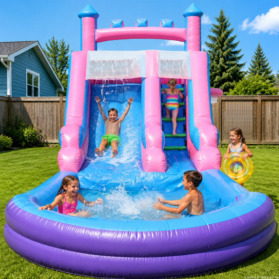 Chantmo 26ft Inflatable Water Slide for Adults 100% PVC with Big Splash Pool Widen Slide Shallow Pool 950w Air Blower for Backyard Park Purple
