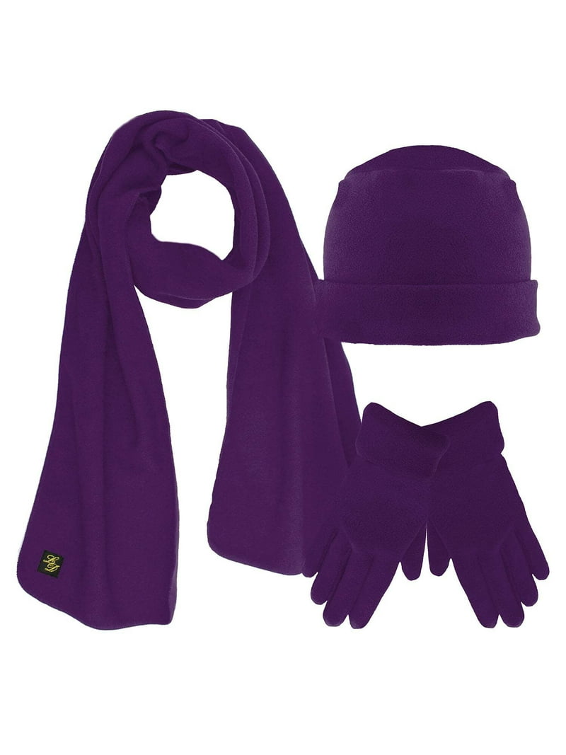 Luxury Divas Purple 3 Piece Winter Warm Fleece Hat Scarf & Glove