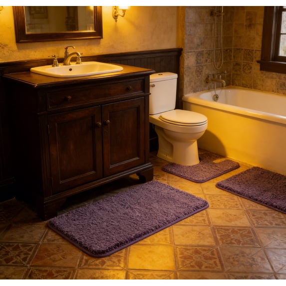 Purple 3-Piece Lamb Wool Bathroom Rug Set - Soft Non-Slip Absorbent Bath Mat, Stylish Elegant Home Decor Rug for Bathroom, Laundry Room & Powder Room Accessories