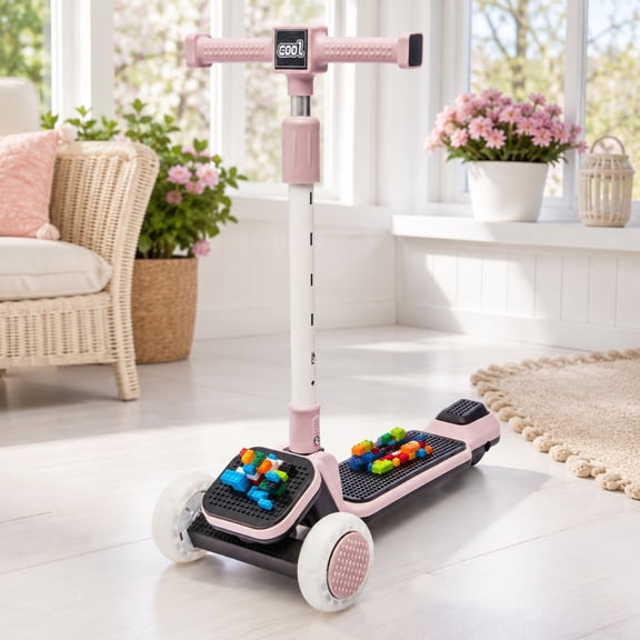 Purple 3-Wheel Scooter for Children Ages 3-9, SHINPT Foldable Kick Ride with PU Flash Wheels, 5-Position Handlebar, Foot Brake, Buildable Block Deck
