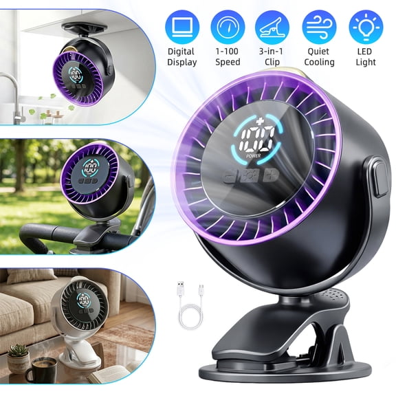 Purple 3in1 Clip Fan, 100Speed Quiet Rechargeable Desk Fan with LED Night Light, Portable for Home Office Outdoor