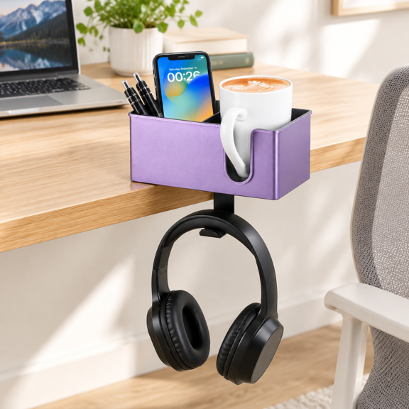 Purple 3-in-1 Clip-on Desktop Organizer with Cup Holder, Pen Storage and Headphone Hook