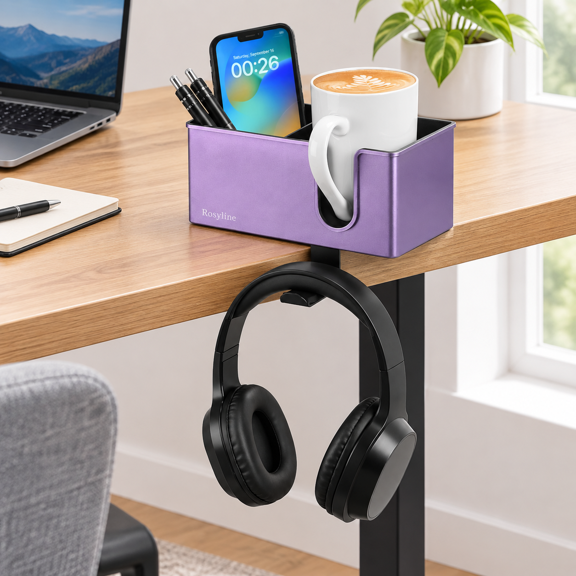 Purple 3-in-1 Clip-on Desktop Organizer with Cup Holder and Headphone Hook