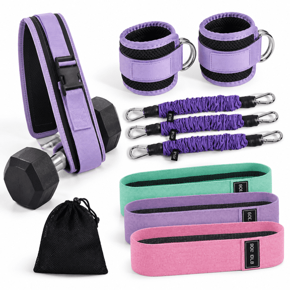 Purple 3-in-1 Glute Workout Set with Thrust Belt, Fabric Booty Bands and Ankle Resistance Cuffs