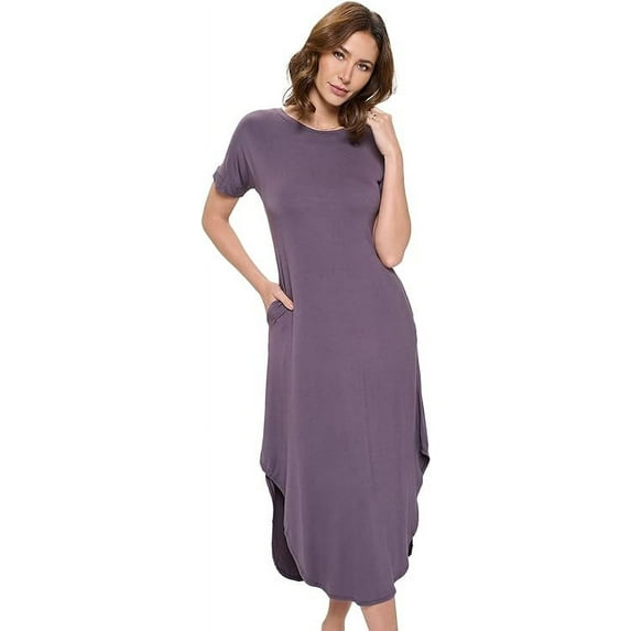 Purple 3X-4X Plus Size Women's Rayon Stretch Short Sleeve T-Shirt Long Crew Neck with Side Pockets for Summer/Casual Dresses
