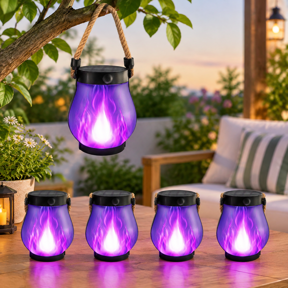 Purple 4 PK Outdoor Hanging Solar Lanterns with Dancing Effect