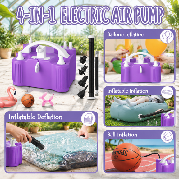 Purple 4-in-1 Electric Balloon Pump with Triple Nozzles for Latex Foil and Sports Balls