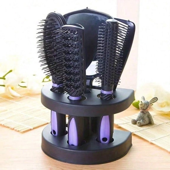 Purple 5-Piece Hair Brush Set With Rotating Holder And Mirror