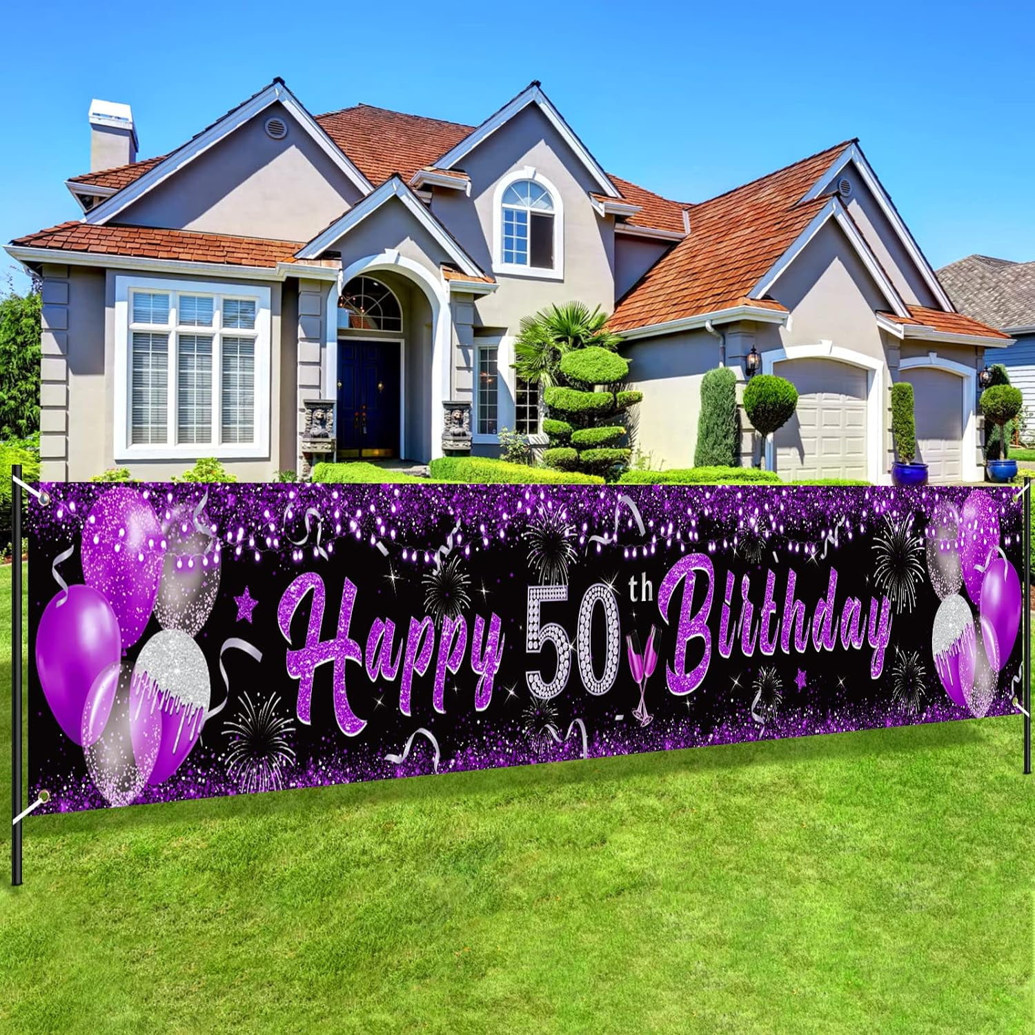 Purple 50th Birthday Decorations - 50 And Fabulous Banner With Balloons & Streamers