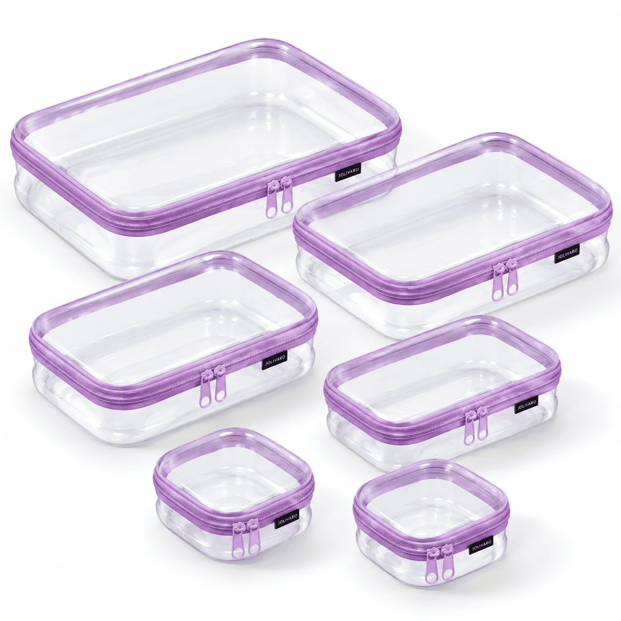 Purple 6 Pack (2L+2M+2S) Clear Hard Shell Zipper Makeup Storage ...