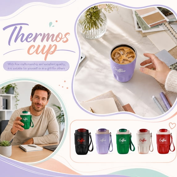 Purple 6X3 in Insulated Coffee Tumbler, Leak Proof Coffee Travel Mug, Stainless Steel Insulated Coffee Cup with Lid, Travel Mugs Insulated for Hot and Cold, Reusable to Go Coffee