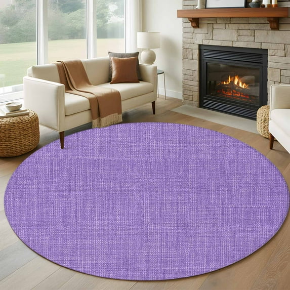 Purple 6ft Round Rug, Farmhouse Burlap Solid Purple Color Modern Linen Texture Non-Skid Rubber Backing Large Area Rugs - Living Room Bedroom Home Office, Indoor Floor Mat Carpets Washable Rug