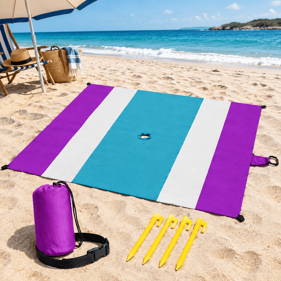 Purple 7x5ft Water Resistant Rip-stop Nylon Beach Blanket with Umbrella Hole
