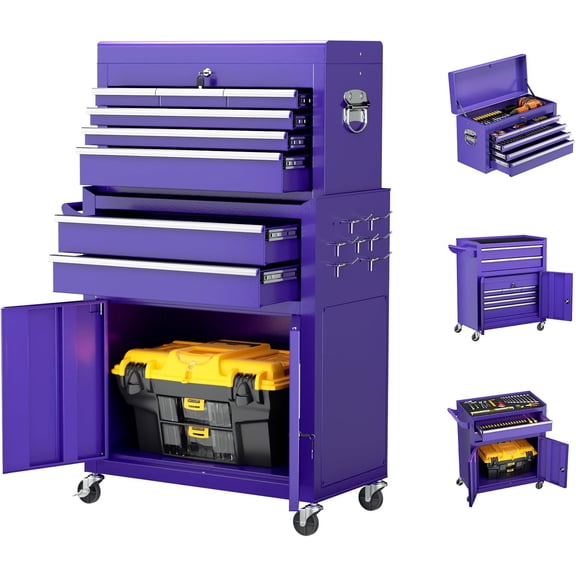 Purple 8-Drawer Rolling Tool Chest with Detachable Top Box and Locking Wheels