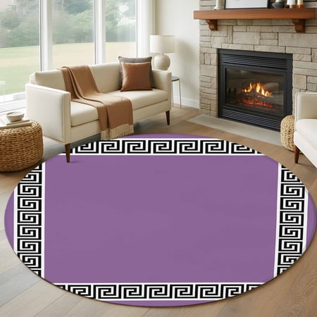 Purple 8FT Round Area Rugs for Living Room Greek Chinese Style Border Geometric Ultra-Thin Non-Slip Round Rugs Machine Washable Low Pile Circle Carpet for Bedroom Kitchen Nursery