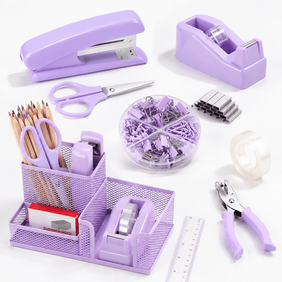 Purple 9-Piece Office Desk Organizer Set With Pen Holder, Stapler And Supplies