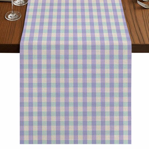 Purple 90 Inch Table Runner, Grid Checkered Plaid Gingham Lattice Trellis Farmhouse Dresser Scarf Cotton & Linen Tablerunner for Dining/Kitchen Island/Holiday Party Décor 13" x 90"