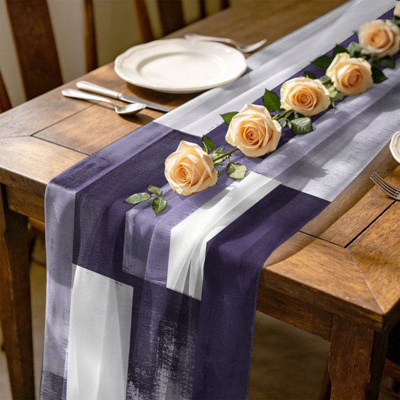Purple Abstract 4.5 ft Cheesecloth Table Runner for Wedding 19"x55", Modern Rustic Geometric Kitchen Dinner Sheer Tulle Chiffon Dresser Scarf, Holiday Party Decorations