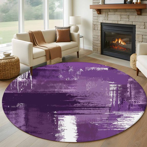 Purple Abstract 8' Round Area Rug, Modern Mottled Art Oil Painting Washable Non-Slip Large Circle Rugs for Living Room Bedroom, Soft Low Pile Rug Carpet for Dining Room Kitchen Farmhouse