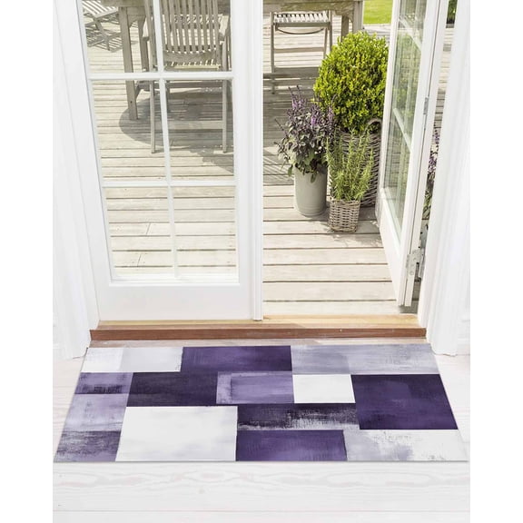 Purple Abstract Front Door Mat Modern Rustic Geometric Color Block Plaid Welcome Doormat Indoor Outdoor Entrance Floor Mat Non-Slip Washable Runner Rug for Front Porch Decor 16x47 Inch