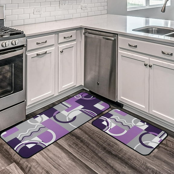 Purple Abstract Kitchen Mats for Floor, Modern Kitchen Rugs Set of 2 Carpet Area Rug, Geometric Modern White Grey Lavender Purple Kitchen Decor and Accessories Stuff, 17x30 and 17x47 Inch